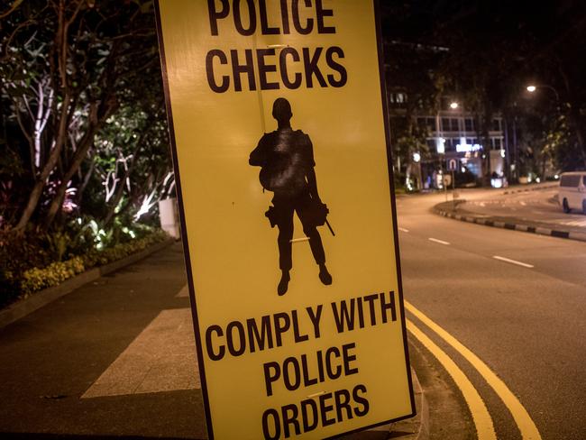 A police sign is seen at the entrance to the Shangri-La Hotel where Donald Trump is staying. Picture: Chris McGrath/Getty Images