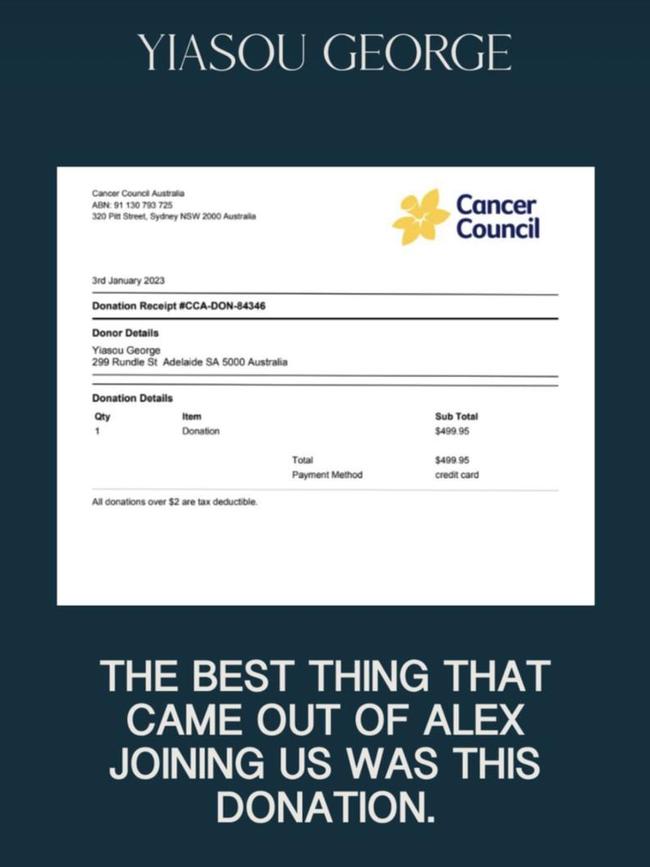 The restaurant matched the full cost of the disgruntled reviewer’s $499.95 meal as a donation to the Cancer Council. Picture: Instagram