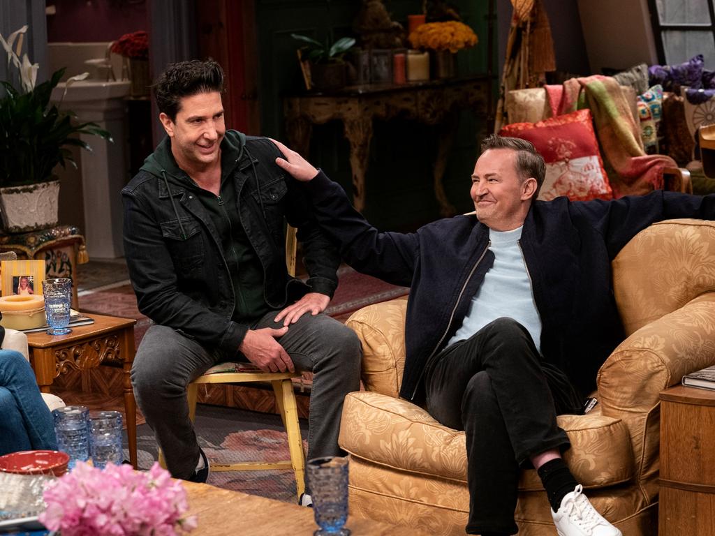 Matthew Perry with David Schwimmer during the Friends reunion special in 2021. Picture: Terence Patrick