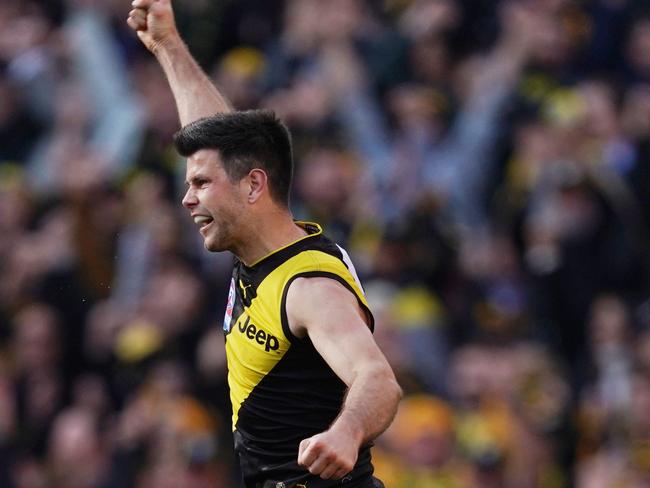 Trent Cotchin celebrates his last-quarter goal. Picture: AAP