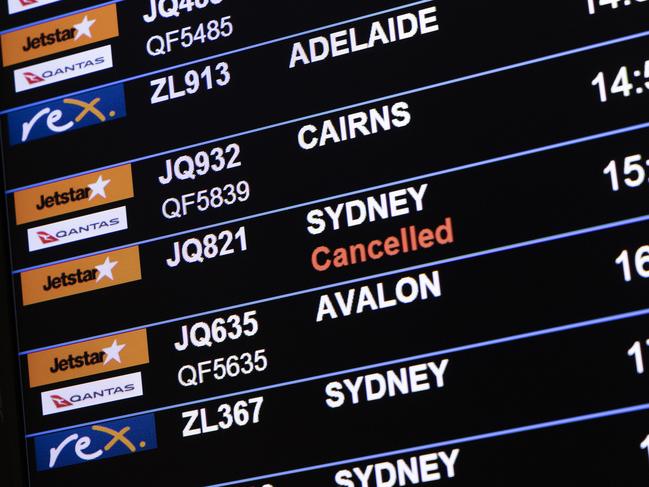 Jetstar departure board after Brisbane Airport after CrowdStrike global IT outage, Saturday, July 20, 2024. Picture: Richard Walker