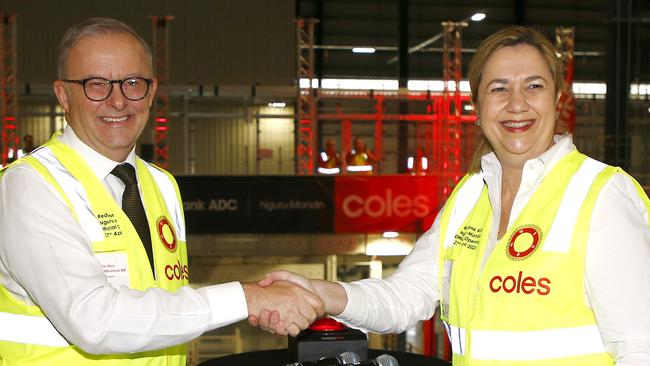 BRISBANE, AUSTRALIA - NewsWire Photos APRIL 27, 2023: Queensland Premier Annastacia Palaszczuk and Prime Minister Anthony Albanese during the opening of the Coles Automated Distribution Centre in Redbank, Brisbane. Picture: NCA NewsWire/Tertius Pickard