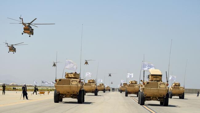 Taliban military vehicles parade to celebrate the third anniversary of their takeover of Afghanistan, at the Bagram Air Base, in Bagram, Parwan province on August 14, 2024. Picture: AFP