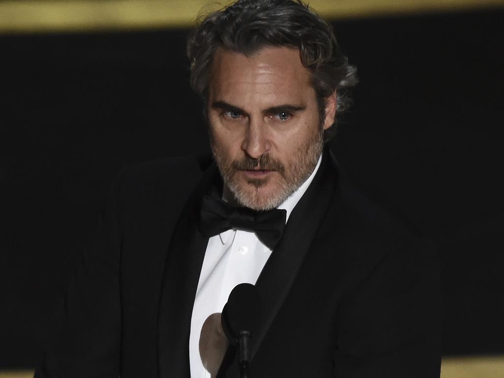 An emotional Joaquin Phoenix accepts the award for best performance by an actor in a leading role for Joker at the Oscars. Picture: AP Photo/Chris Pizzello