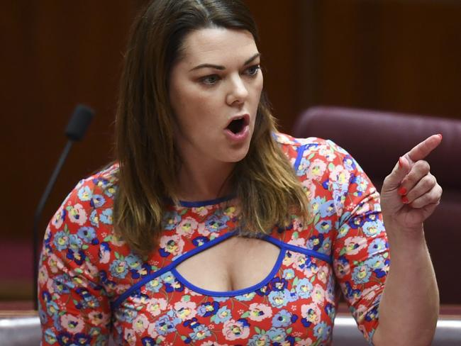 Australian Greens Senator Sarah Hanson-Young makes a statement after a vote to suspend Australian Greens leader  Senator Richard Di Natale from the Senate at Parliament House in Canberra, Tuesday, November 27, 2018. (AAP Image/Lukas Coch) NO ARCHIVING