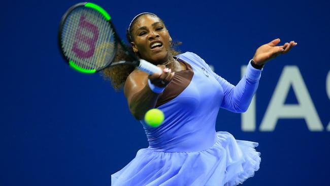 NEW YORK, NY - SEPTEMBER 06: Serena Williams of the United States returns the ball during her women's singles semi-final match against Anastasija Sevastova of Latvia on Day Eleven of the 2018 US Open at the USTA Billie Jean King National Tennis Center on September 6, 2018 in the Flushing neighborhood of the Queens borough of New York City.  (Photo by Chris Trotman/Getty Images for USTA)