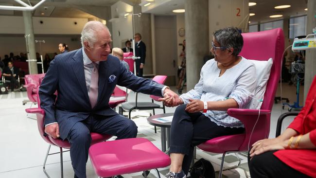 King Charles meets with patients during a visit at the University College Hospital Macmillan Cancer Centre.