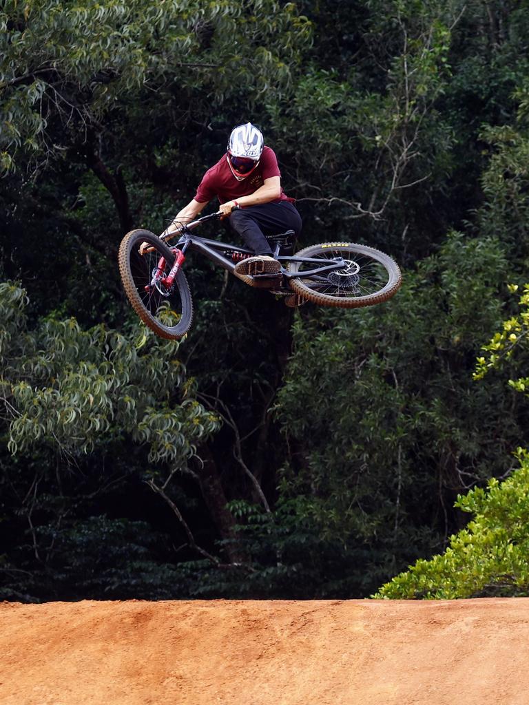 A mountain bike rider competes in the National Whipoff Championship on Day One of Crankworx Cairns. Picture: Brendan Radke