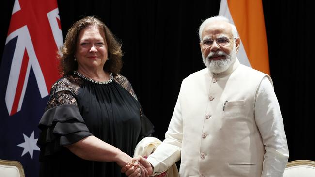 Gina Rinehart – pictured in May meeting India PM Narendra Modi – estimates there is a $60bn mining investment gap that, unless filled, will be ‘a missed opportunity for Australia’. Picture: Office of the Prime Minister of India