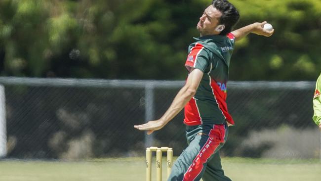 MPCA cricket: Pines v Moorooduc. Pat Jackson bowling for Pines. Picture: Valeriu Campan