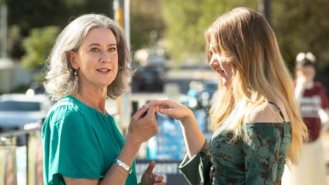 Independent candidate for Bradfield Nicolette Boele on the hustings at Killara High School in her electorate. Boele is photographed with her daughter Saskia Geraghty.