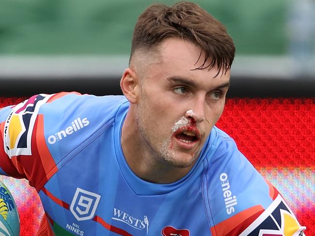 PERTH, AUSTRALIA - FEBRUARY 15: Tex Hoy of the Knights crosses for a try during Day 2 of the 2020 NRL Nines between the Newcastle Knights and the Penrith Panthers at HBF Stadium on February 15, 2020 in Perth, Australia. (Photo by Paul Kane/Getty Images)