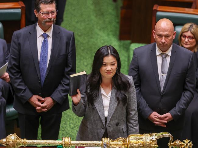 Nicole Werner is sworn in as a new member of parliament at Victorian Parliament House. Picture: Getty Images