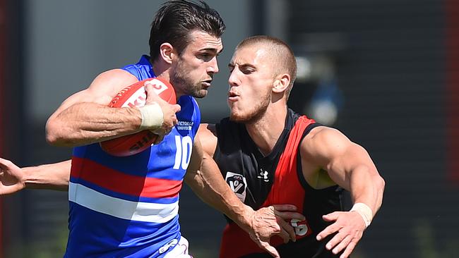 VFL: Essendon v Footscray. (L-R) FootscrayÃs Easton Wood and EssendonÃs Fraser Robertson. Picture: Josie Hayden