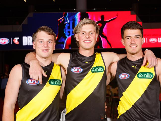 MELBOURNE, AUSTRALIA – NOVEMBER 20: Richmond's draft picks, Sam Lalor, Josh Smillie and Harry Armstrong pose for a photo during the 2024 Telstra AFL Draft at Marvel Stadium on November 20, 2024 in Melbourne, Australia. (Photo by Dylan Burns/AFL Photos via Getty Images)