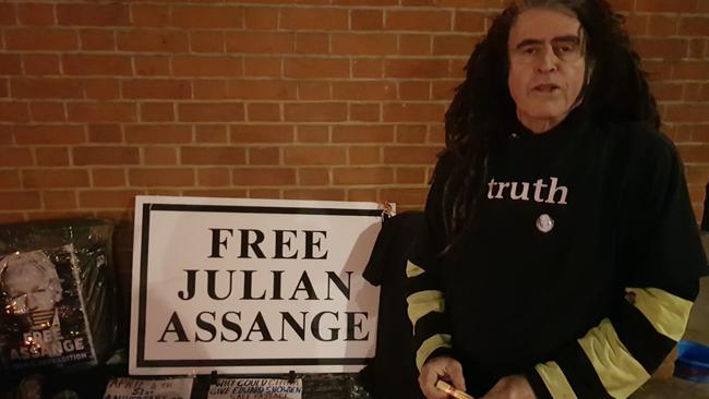 Ciaron O’Reilly, 59, originally from Brisbane has camped outside the Eucadorean embassy in London supporting Assange on and off for the past six years. Picture: Jacquelin Magnay.