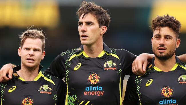 Steve Smith, Pat Cummins and Marcus Stoinis. Photo by Mark Kolbe/Getty Images