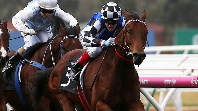 Craig Williams rides Sixties Groove to win race 2, VRC-CRV Cup Tour Trophy during Flemington Finals Day at Flemington Racecourse in Melbourne, Saturday, July 7, 2018. (AAP Image/George Salpigtidis) NO ARCHIVING, EDITORIAL USE ONLY