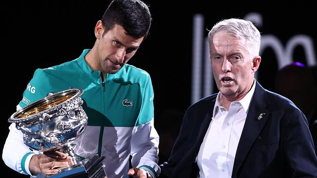 Novak Djokovic and Tennis Australia CEO Craig Tiley. Picture: Cameron Spencer/Getty Images