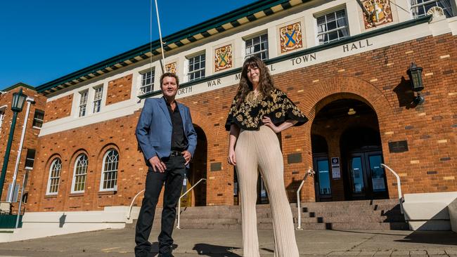 Country singer-songwriter and 2022 Golden Guitar Awards co-host Adam Harvey with new talent of the year nominee Cass Hopetoun at Tamworth Town Hall, ahead of the Golden Guitar Award nominations. Picture: Antony Hands