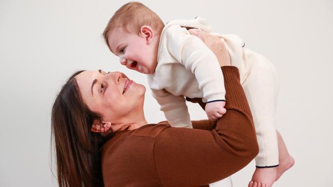 Sydney mum Rachell Kleiner with Gray. Rachell had multiple IVF attempts before having her baby. Picture: Justin Lloyd