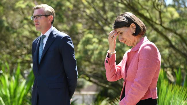 NSW Treasurer Dominic Perrottet and Premier Gladys Berejiklian at the press conference. Picture: NCA NewsWire/Joel Carrett