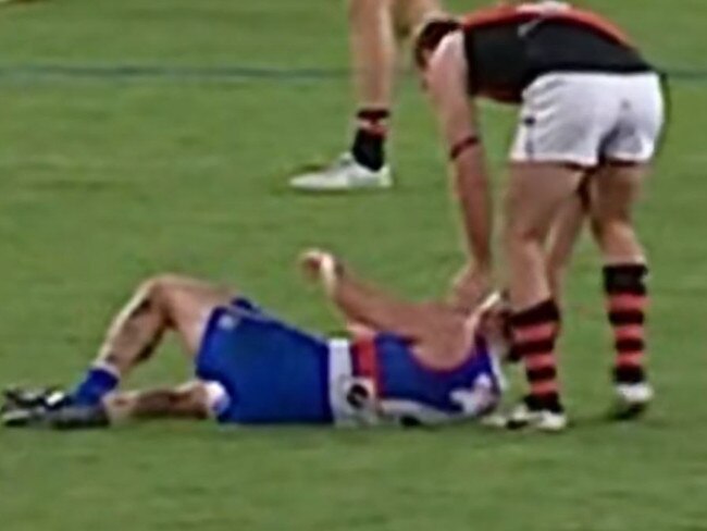 Tom Liberatore collapsed in the centre of the ground against the Bombers. Picture: 7AFL