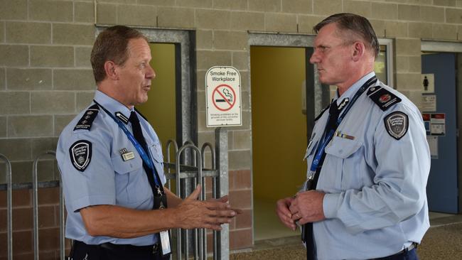 Capricornia Correctional Centre General Manager Chief Superintendent Richard Butcher and Queensland Corrective Services Assistant Commissioner Central and Northern Command Darryll Fleming at the Rockhampton prison debriefing about the riot.