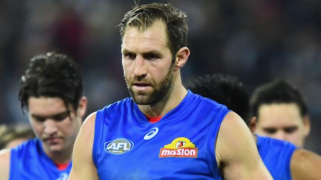 Travis Cloke walks off the ground after the Western Bulldogs’ Round 9 loss to Geelong. (Photo by Quinn Rooney/Getty Images)
