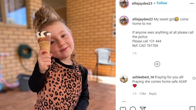 Ellie Smith took to Instagram on Thursday urging anyone with information about her daughter’s disappearance to contact police. Picture: Instagram