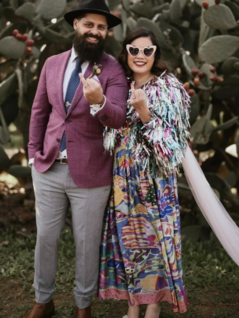 Maria and Nick Kuchel giving their ring finger to the wedding day rule book. Pictures: Run Wild Photography