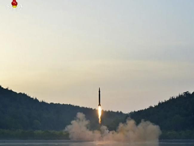 North Korean state television (KRT) aired video of the test fire of a Scud-type ballistic missile. Picture: KRT/AP