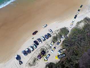 Aerial view of the rubbish collection at the Fraser Island 4WD clean-up 2019 on the weekend. Picture: Charlene Brown