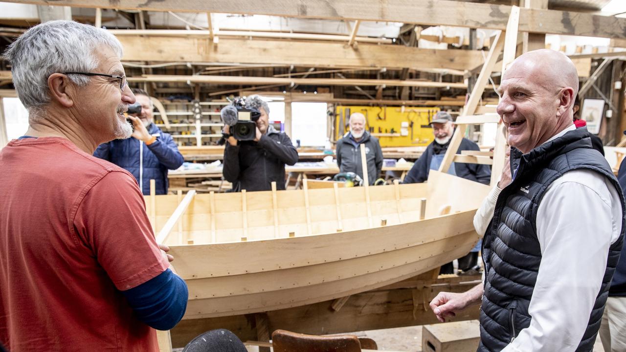 Premier Peter Gutwein at the Wooden Boat Centre in Franklin. Photograph shows Peter Gutwein with The Wooden Boat Centre's Michael Johnson. Picture Eddie Safarik