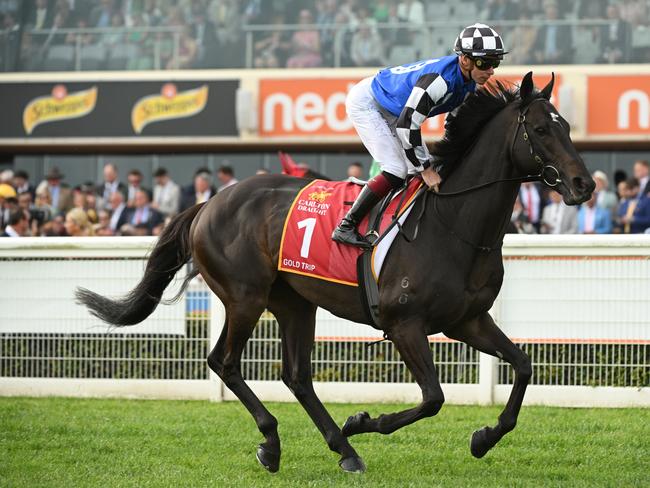 MELBOURNE, AUSTRALIA - OCTOBER 21: Ben Melham riding Gold Trip heads to the start of Race 9, the Carlton Draught Caulfield Cup,during Melbourne Racing at Caulfield Racecourse on October 21, 2023 in Melbourne, Australia. (Photo by Vince Caligiuri/Getty Images)