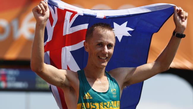 Australia’s Jared Tallent after winning silver in the 50km race walk in Rio.