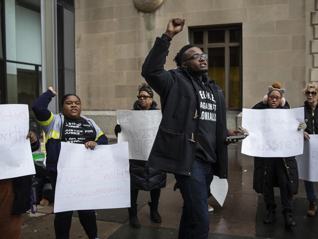 Supporters of Jussie Smollett rally outside the Courthouse, where the actor was scheduled to appear for a hearing. Picture: AP