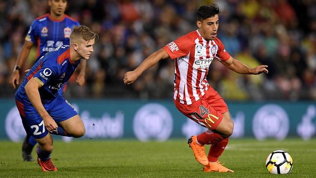 Melbourne City’s Daniel Arzani, right, in action against Newcastle Jets last month. Picture: AAP