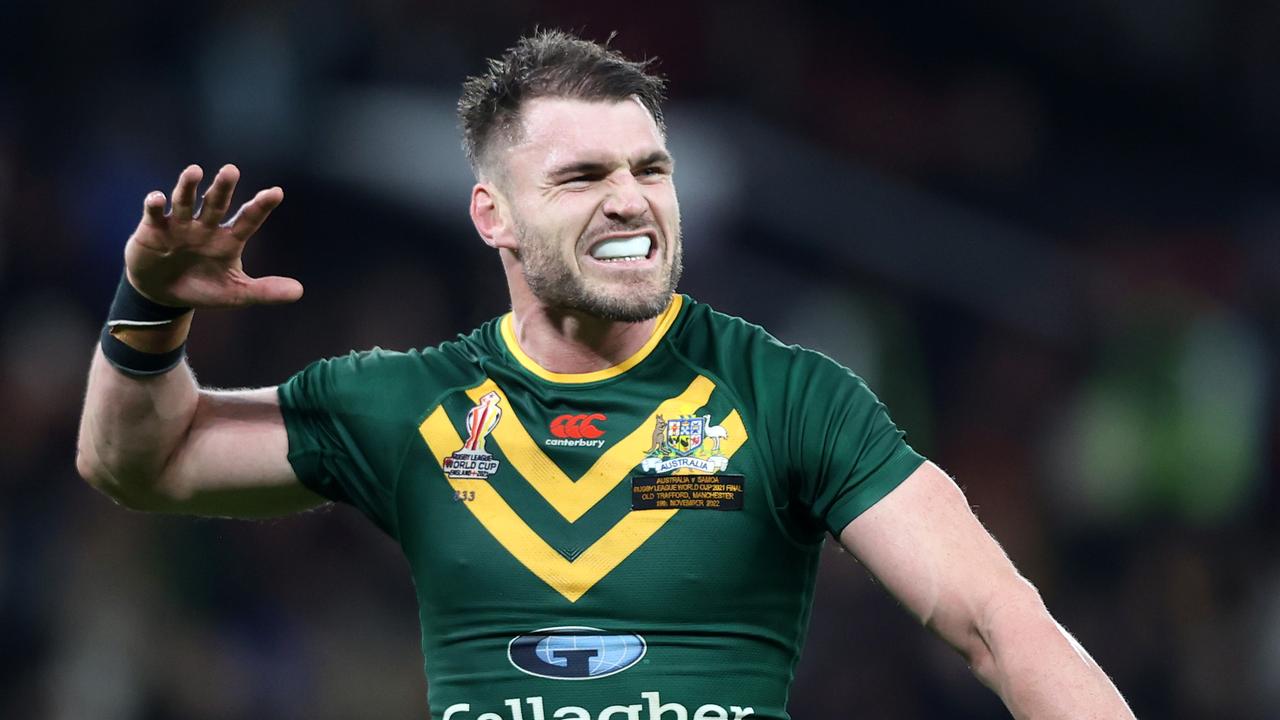 MANCHESTER, ENGLAND - NOVEMBER 19: Angus Crichton of Australia reacts after teammate Josh Addo-Carr (not pictured) scores their sides third try during the Rugby League World Cup Final match between Australia and Samoa at Old Trafford on November 19, 2022 in Manchester, England. (Photo by Naomi Baker/Getty Images)