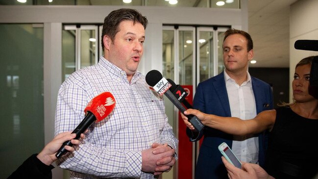 Mr Fowles addresses the media at Melbourne Airport after the Canberra incident. Picture: Mark Stewart