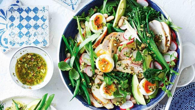 Broccolini and bean chicken salad with pistachio mint dressing