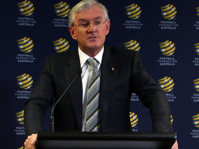 Football Federation Australia chairman Steven Lowy speaks at a press conference in Sydney on August 17, 2018. - Lowy said he will not seek re-election later this year, in a shock decision that comes amid a reform battle that could lead to a takeover by FIFA. (Photo by GLENN NICHOLLS / AFP) / -- IMAGE RESTRICTED TO EDITORIAL USE - STRICTLY NO COMMERCIAL USE --