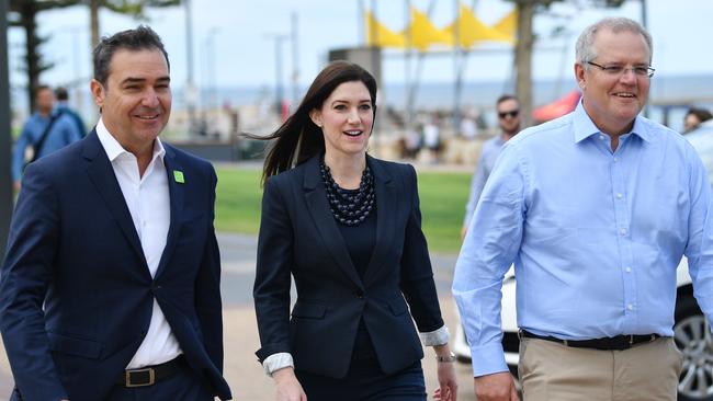 Member for Boothby Nicole Flint flanked by Premier Steven Marshall and Prime Minster Scott Morrison.