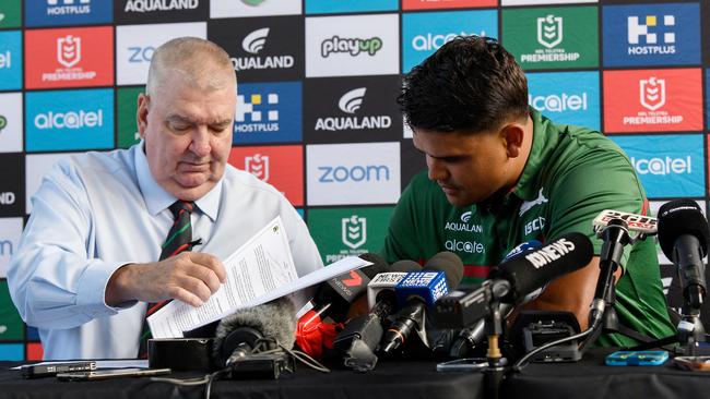 Latrell Mitchell (right) signs his new contract with South Sydney Rabbitohs General Manager of Football Shane Richardson (left) during a press conference at Redfern Oval in Sydney, Monday, January 13, 2020. Picture: AAP Image/Bianca De Marchi