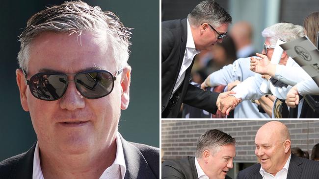 Eddie McGuire mixes with fans (top right) and corporates (with Emirates' Australasia vice president Barry Brown, bottom left) at Collingwood's open training session today. Pictures: Stuart McEvoy and AAP