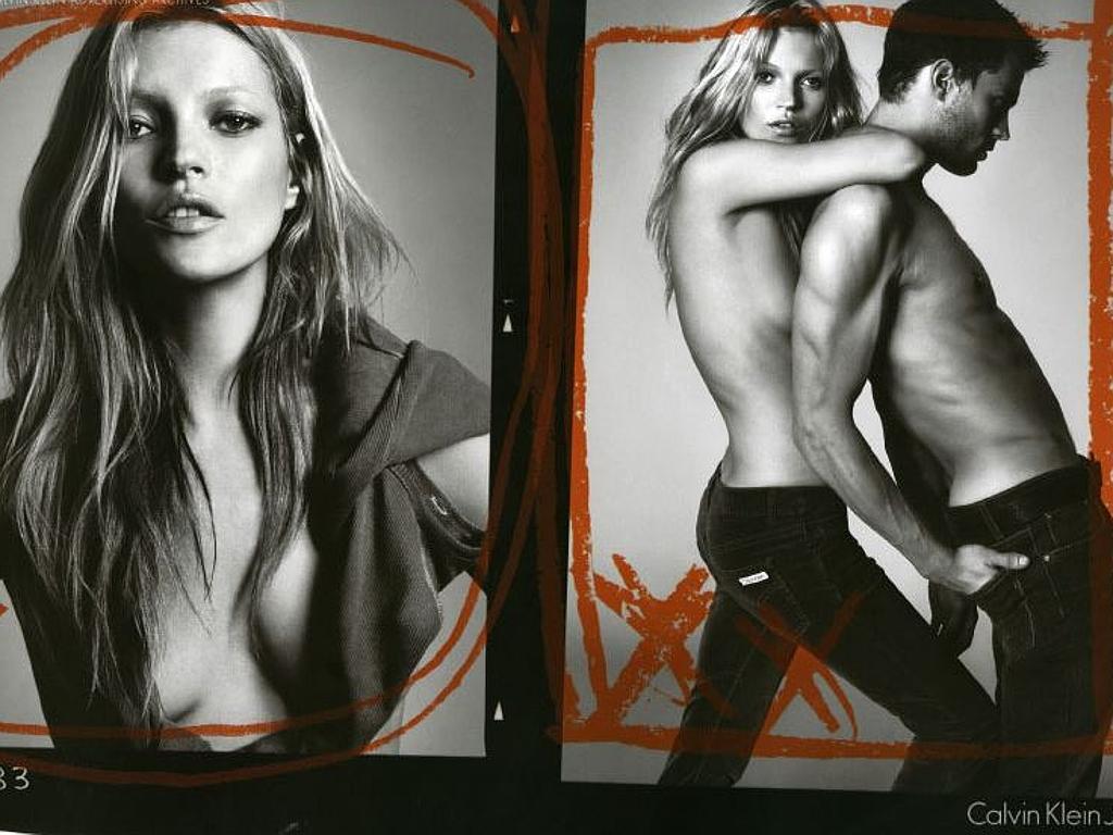 Kate Moss appeared topless in a 2011 Calvin Klein jeans campaign. Picture: Calvin Klein