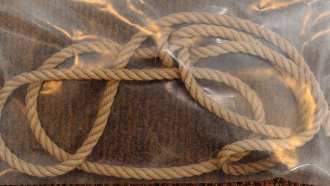 A piece of rope submitted as evidence during the Salt Creek trial. Picture: Supreme Court