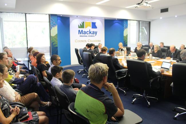 Mackay Regional Council chambers were packed at this morning's ordinary meeting, in which a vote succeeded to remove fluoride from the region's water supply. Picture: Luke Mortimer