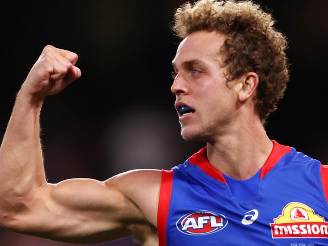 MELBOURNE. 31/03/2022.   Western Bulldogs vs Sydney Swans at Marvel Stadium.   Bulldog Mitch Wallis celebrates a goal during the 4th qtr.   . Photo by Michael Klein