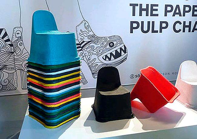 Say hello to the biodegradable environmentaly friendly chair made from DuraPulp, a paper based material that is fully recyclable. Reinforced with PLA, plastic made from maize starch or cane sugar which binds with the paper fibers at 167 degrees Celsius, the result is a material that has the properties of plastic and the qualities of paper: water resistant, lightweight, yet surprisingly solid. . Picture: Lost at E Minor